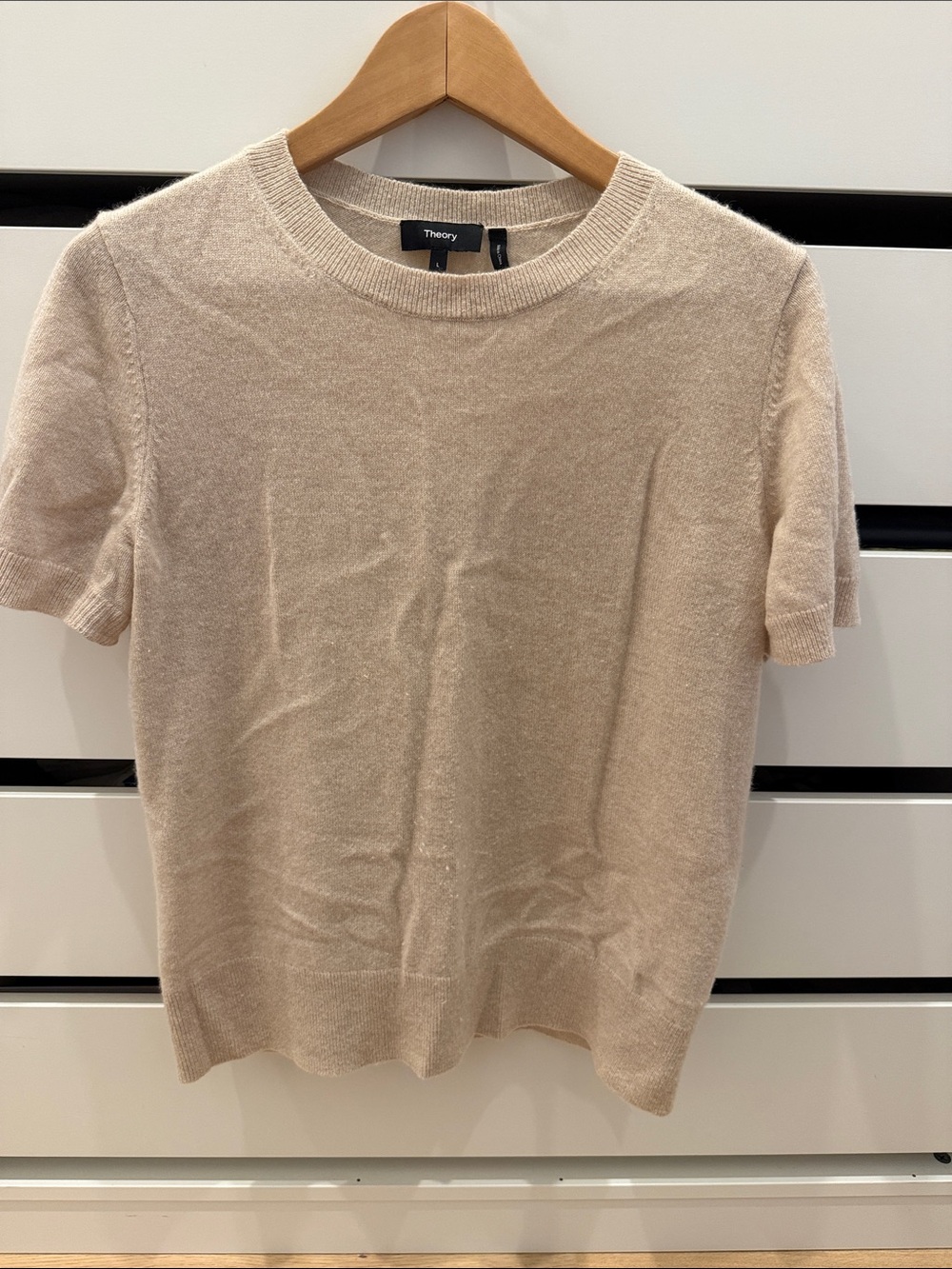 Theory Short-Sleeve Crewneck Sweater in Light Beige